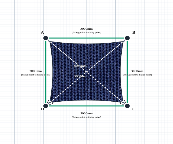 Custom Monotec 370 Shade Sail - Sheba Navy - 4 Corner - Technical Drawing