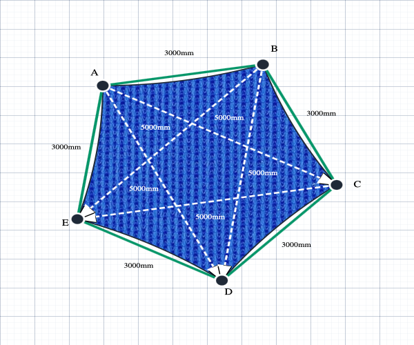 Custom Monotec 370 Shade Sail - Bundena Blue - 5 Corner - Technical Drawing